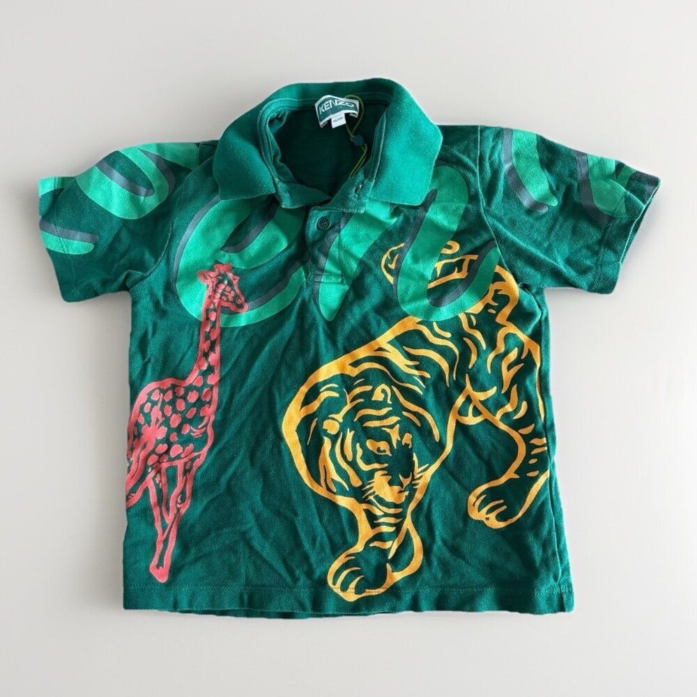 KENZO Kids Boy Green‎ Polo Shirt Zoo Animals Size 4 Tiger Giraffe Preppy School